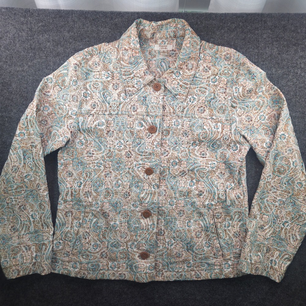 Baxter & Wells Paisley Jacket Womens Small Blue Tan Textured Button Up Excellent